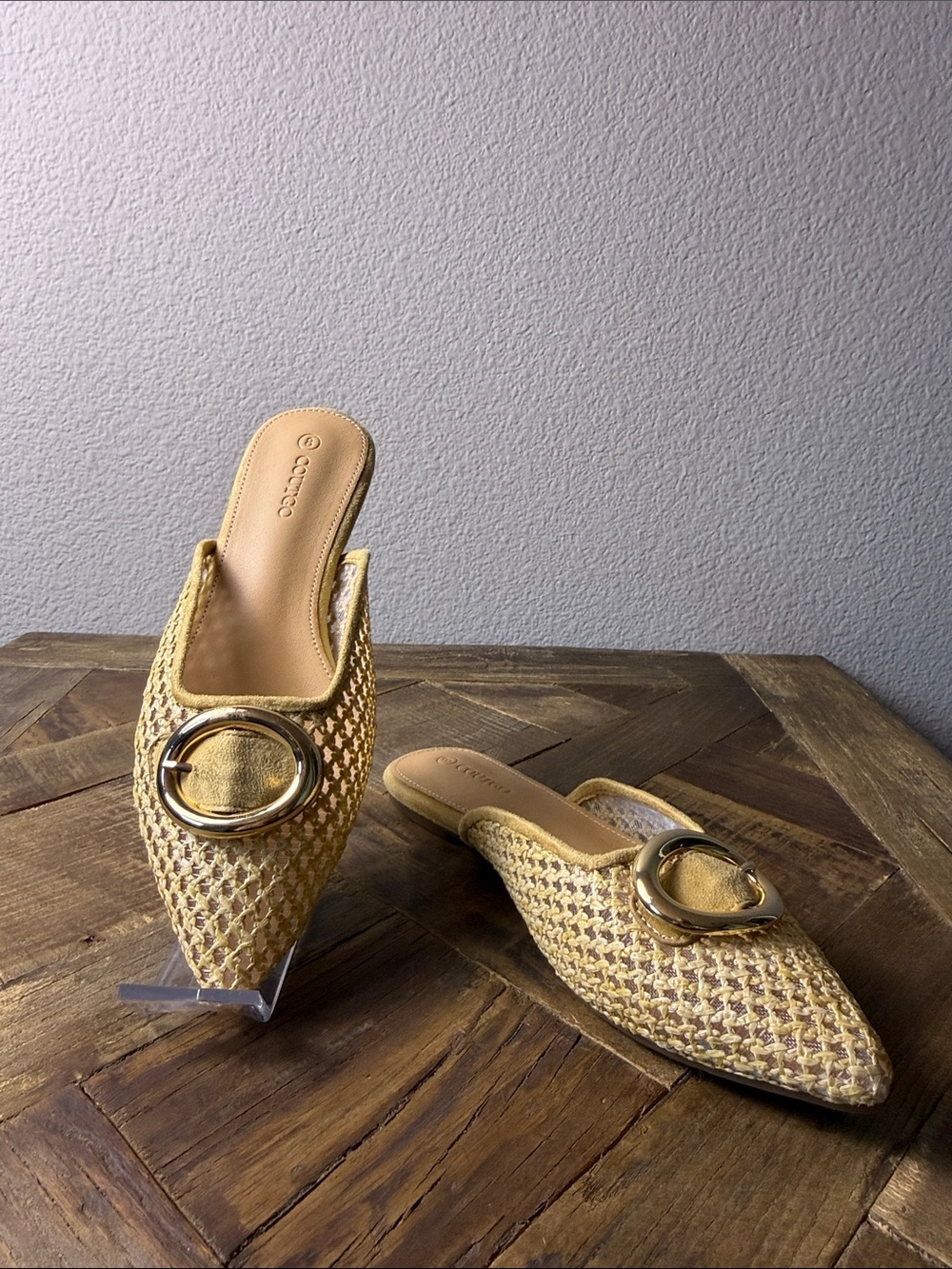 Size 8 Coutgo Woven Pointed-Toe Mule with Gold Buckle in Yellow